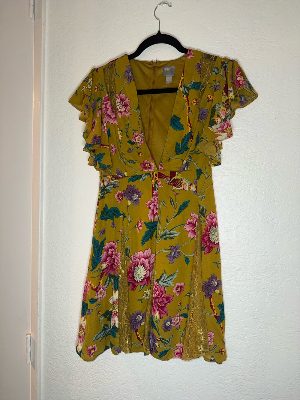 ASOS Mustard Floral V-Neck Mini Dress